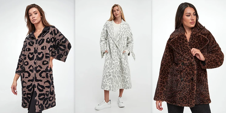 Jesienno- zimowy płaszcz damski w zwierzęce wzory