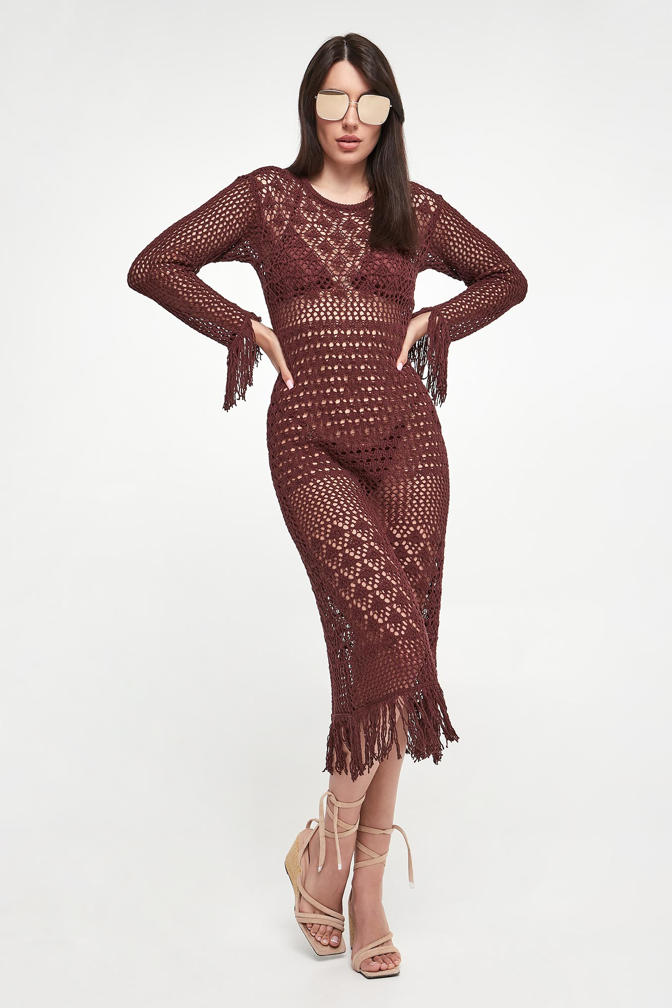 Sukienka pleciona TWINSET U&B Brązowy Slim