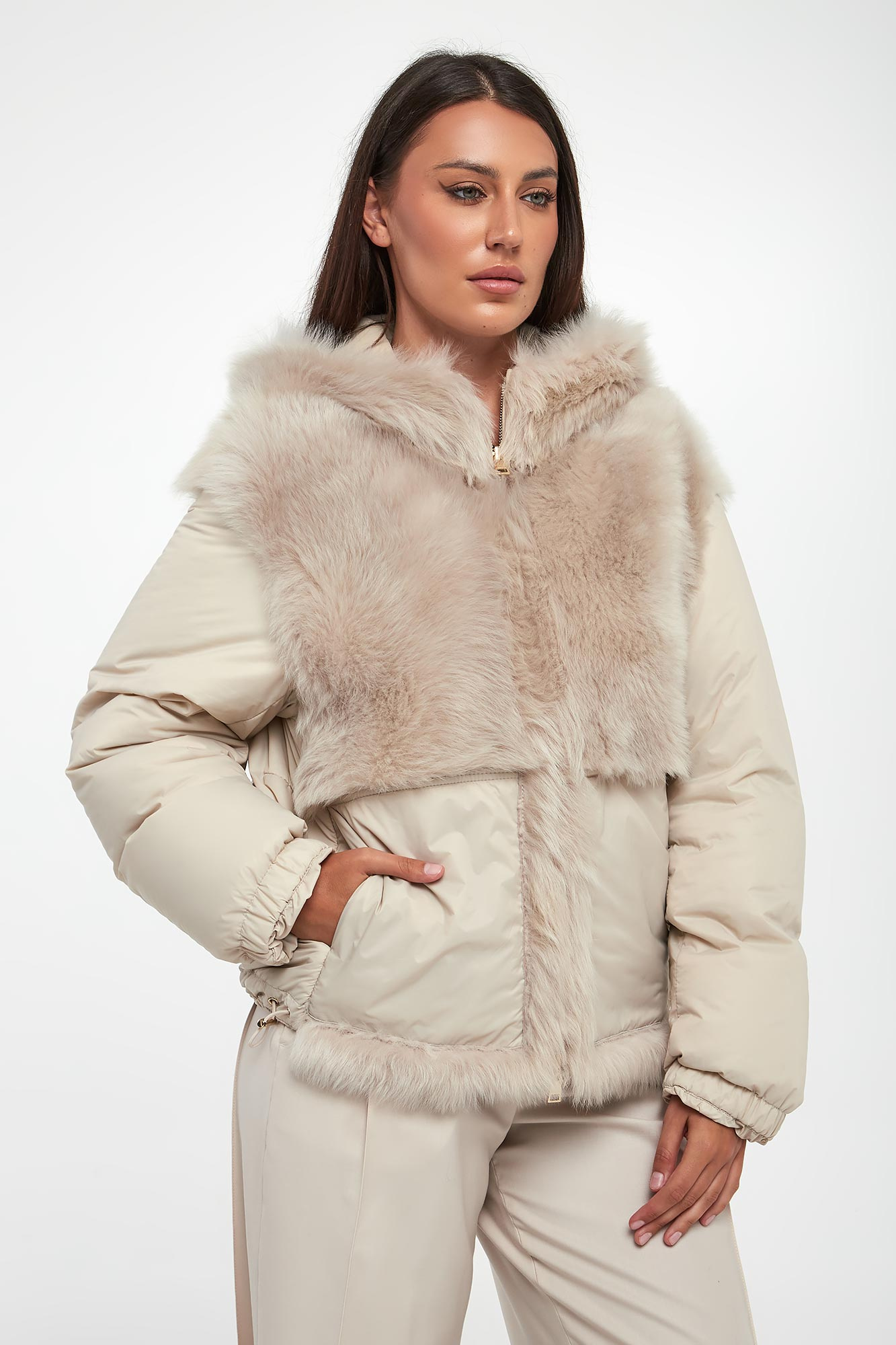 Kurtka damska dwustronna z futrem PESERICO Beżowy Regular