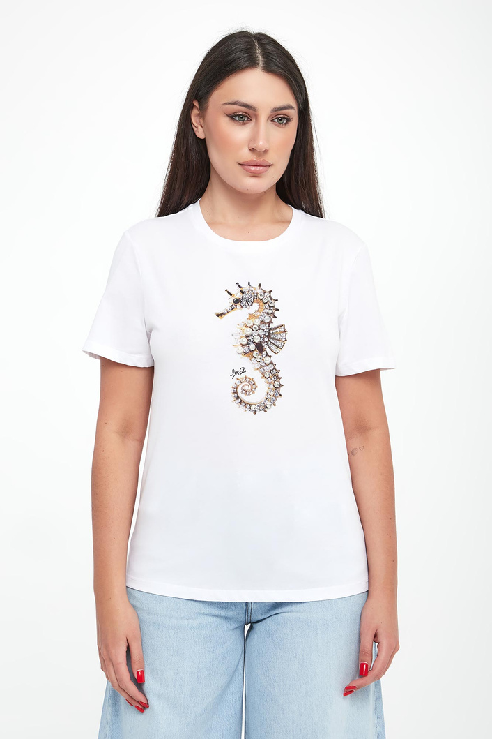 T-shirt damski z nadrukiem i cyrkoniami LIU JO