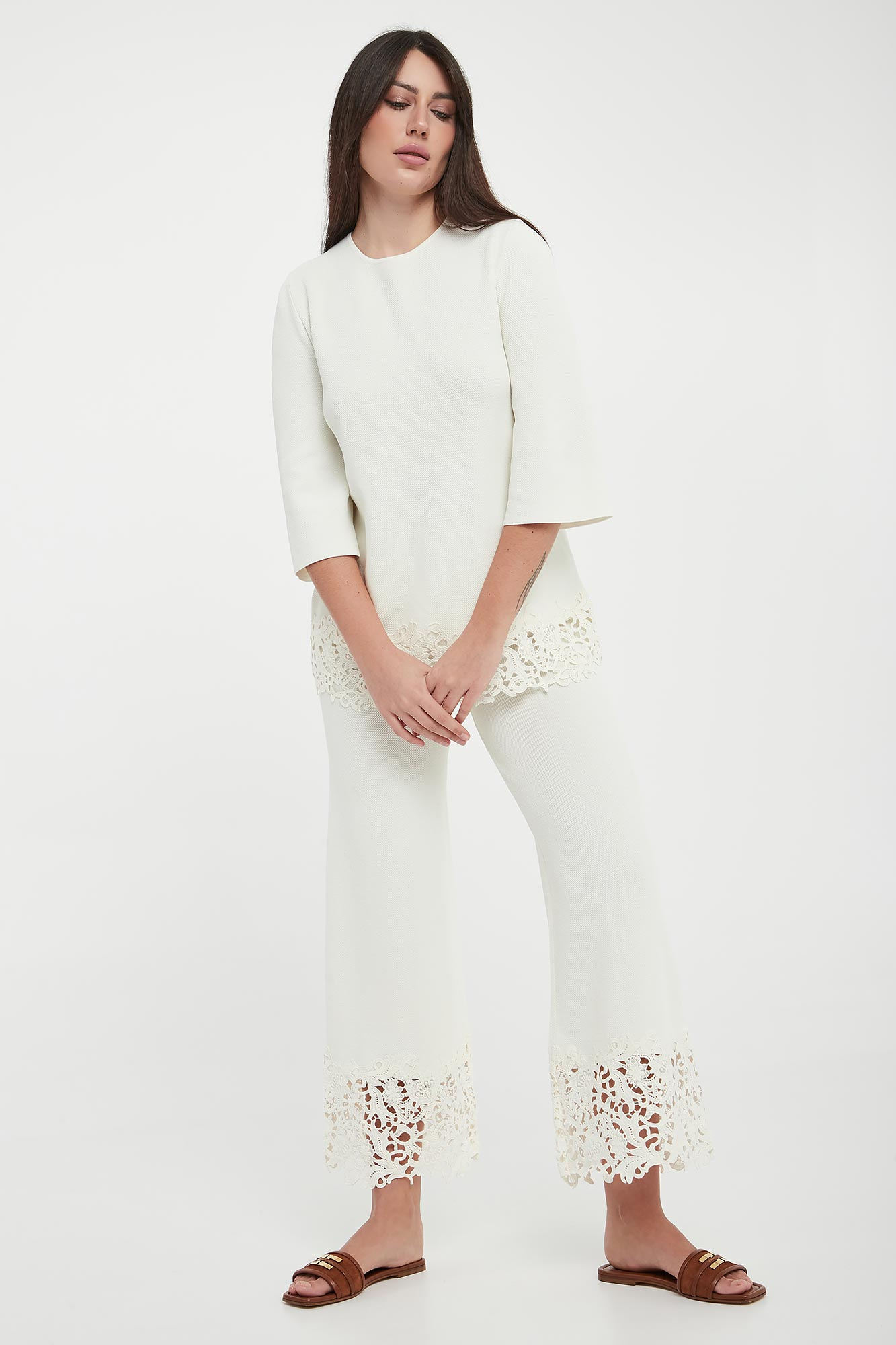 Spodnie damskie z koronką TWINSET U&B Ecru Wide