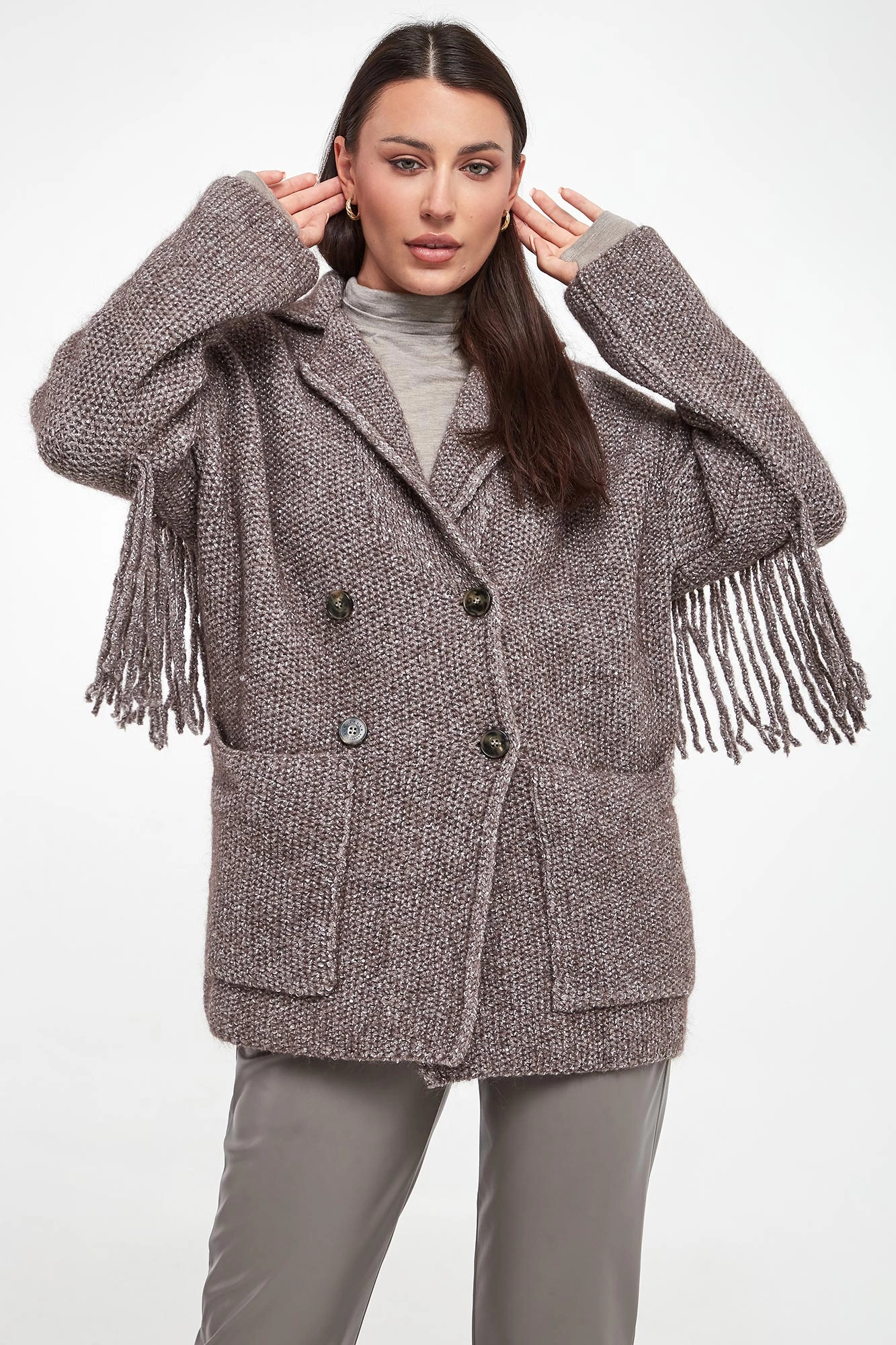 マリマリ Płaszcz damski z frędzlami Mastice MARELLA MONOCHROME Brązowy