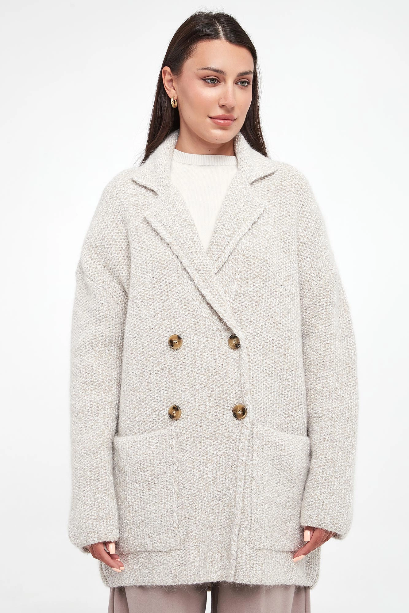 Płaszcz damski z frędzlami Mastice MARELLA MONOCHROME Ecru