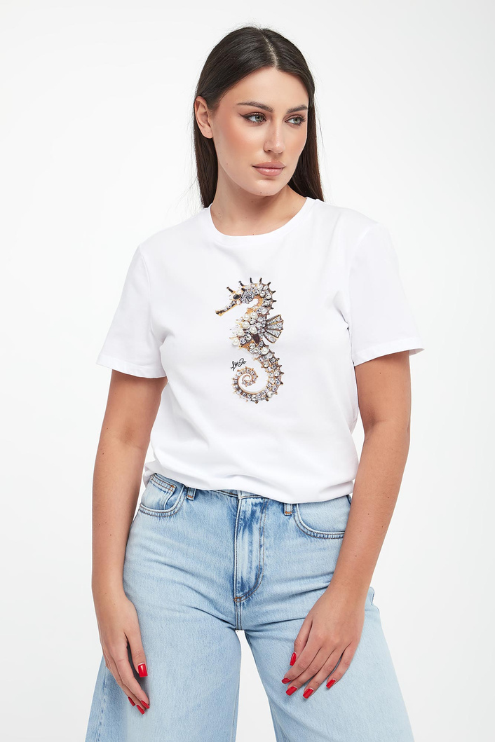 T-shirt damski z nadrukiem i cyrkoniami LIU JO