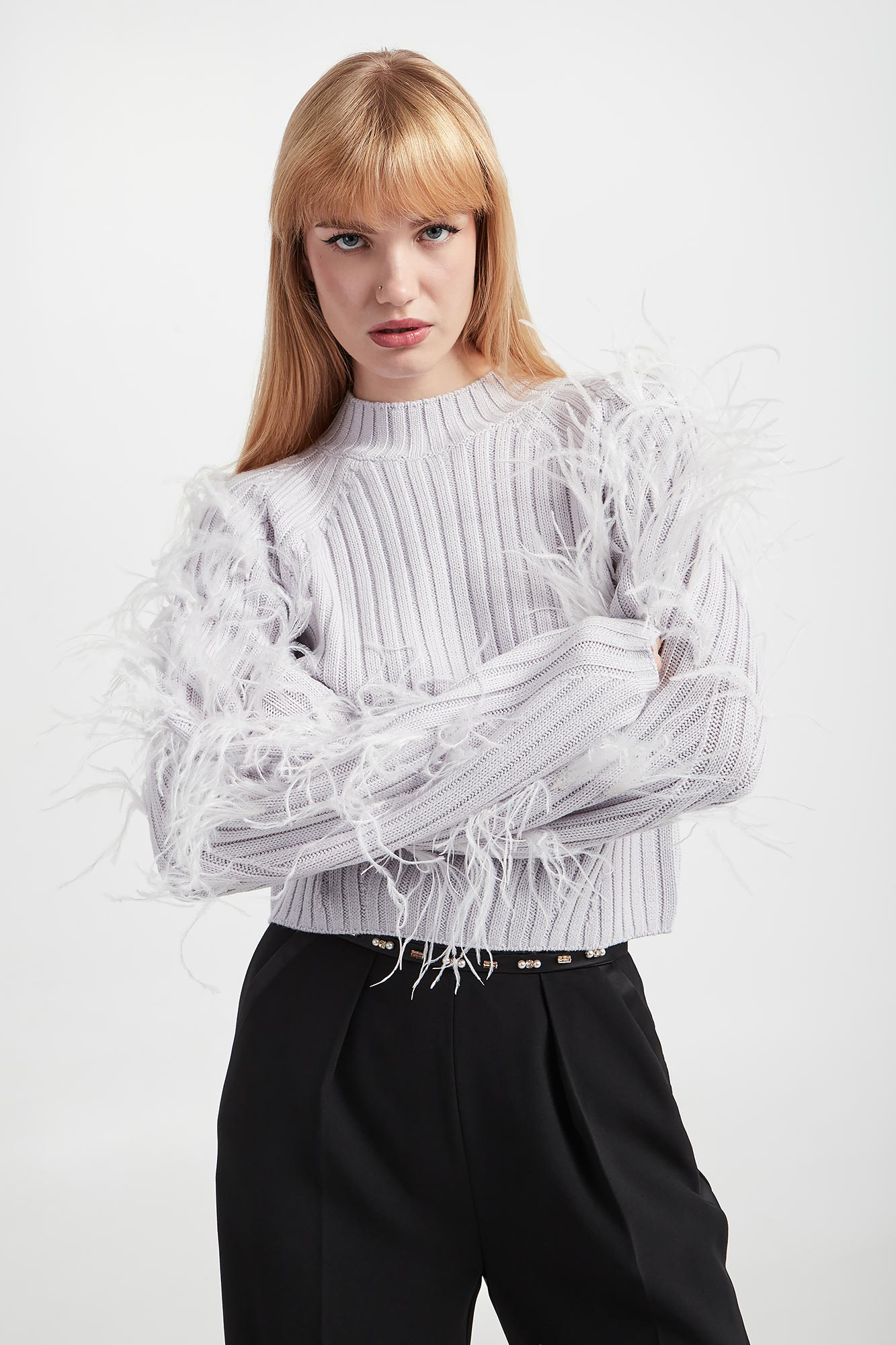Sweter damski z piórami PATRIZIA PEPE Szary Regular