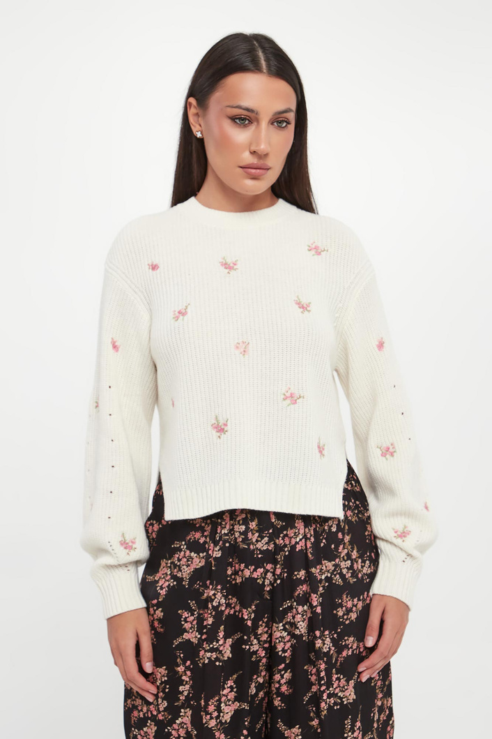 Sweter damski wełniany z kwiatowym haftem TWINSET