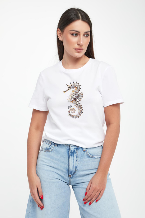 T-shirt damski z nadrukiem i cyrkoniami LIU JO