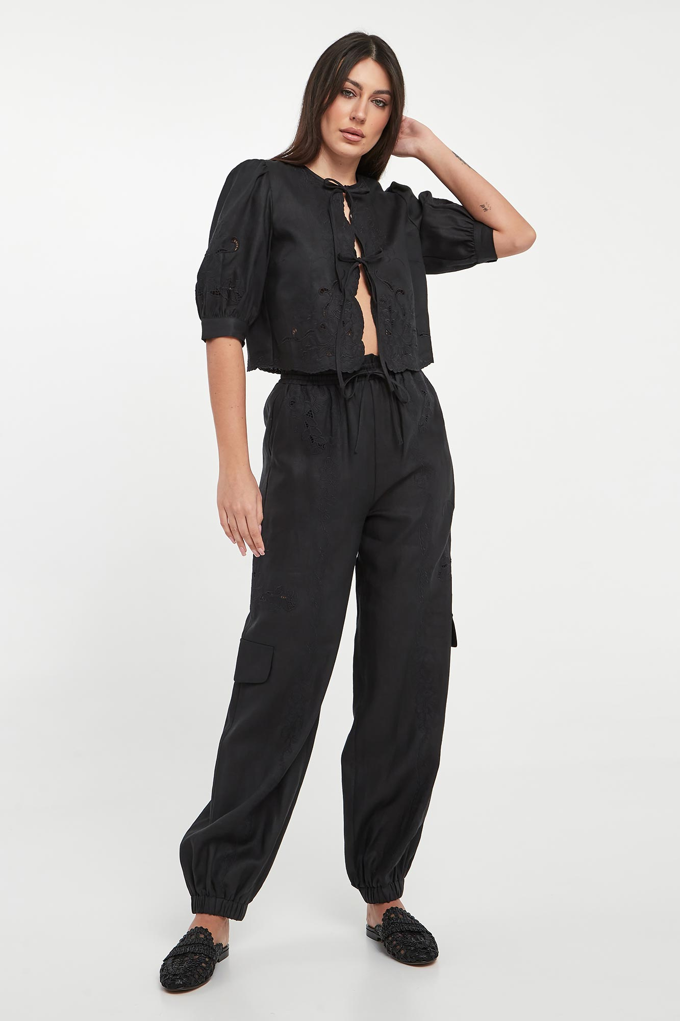 Spodnie damskie lniane TWINSET Czarny Wide