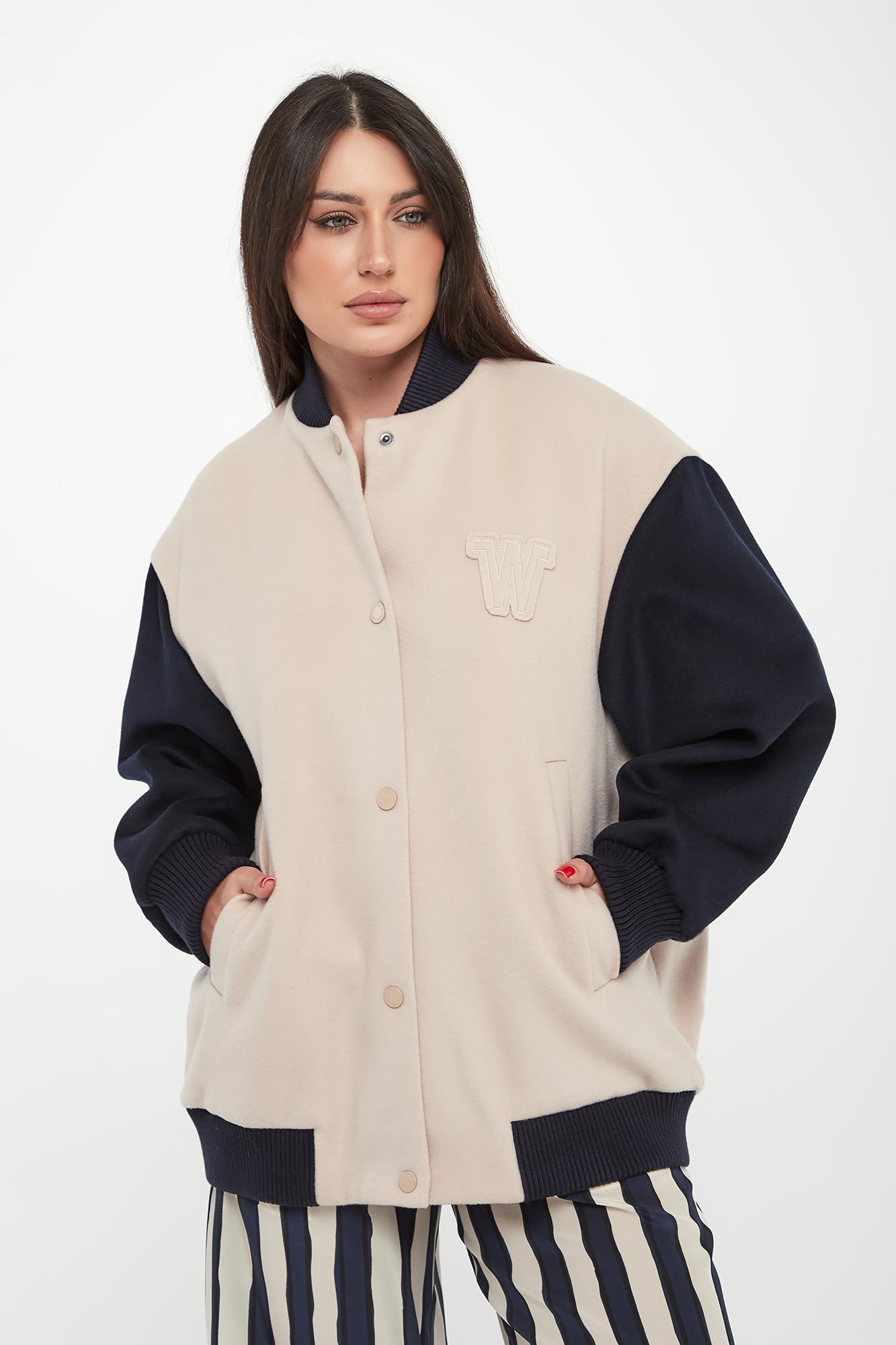Kurtka damska bejsbolówka wełniana Ellisse WEEKEND MAX MARA Beżowy Oversize