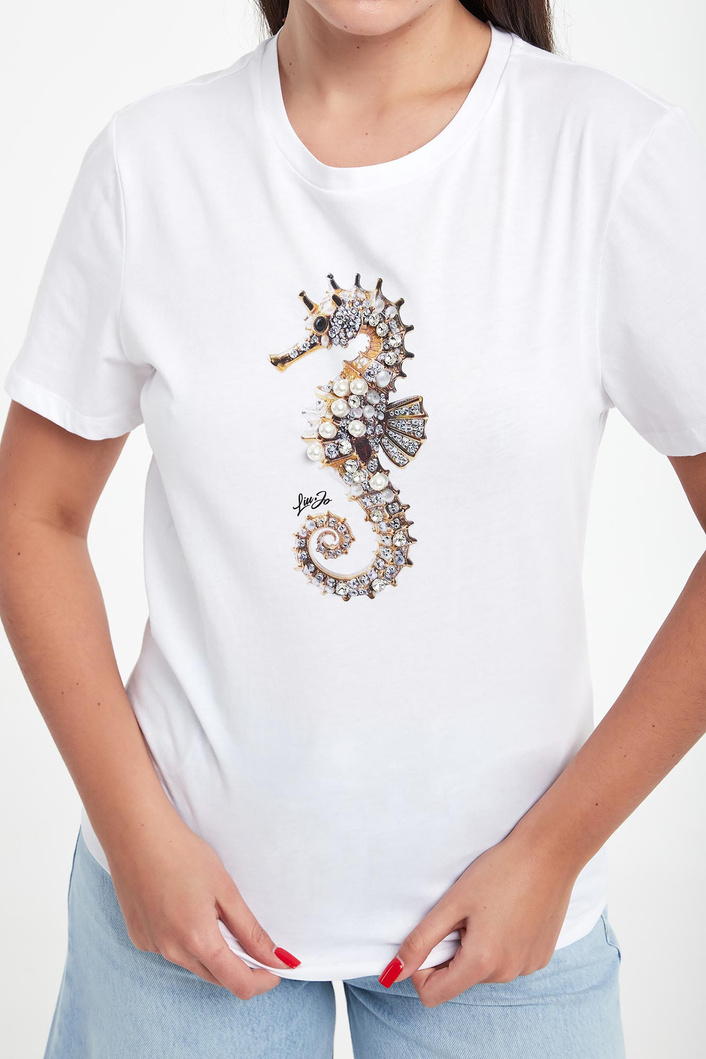 T-shirt damski z nadrukiem i cyrkoniami LIU JO