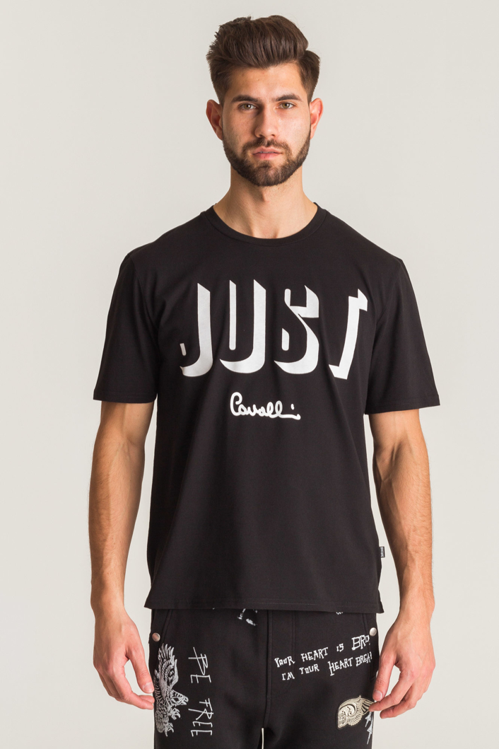 Czarny asymetryczny t-shirt Just Cavalli z nadrukiem