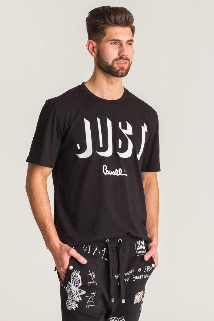 Czarny asymetryczny t-shirt Just Cavalli z nadrukiem