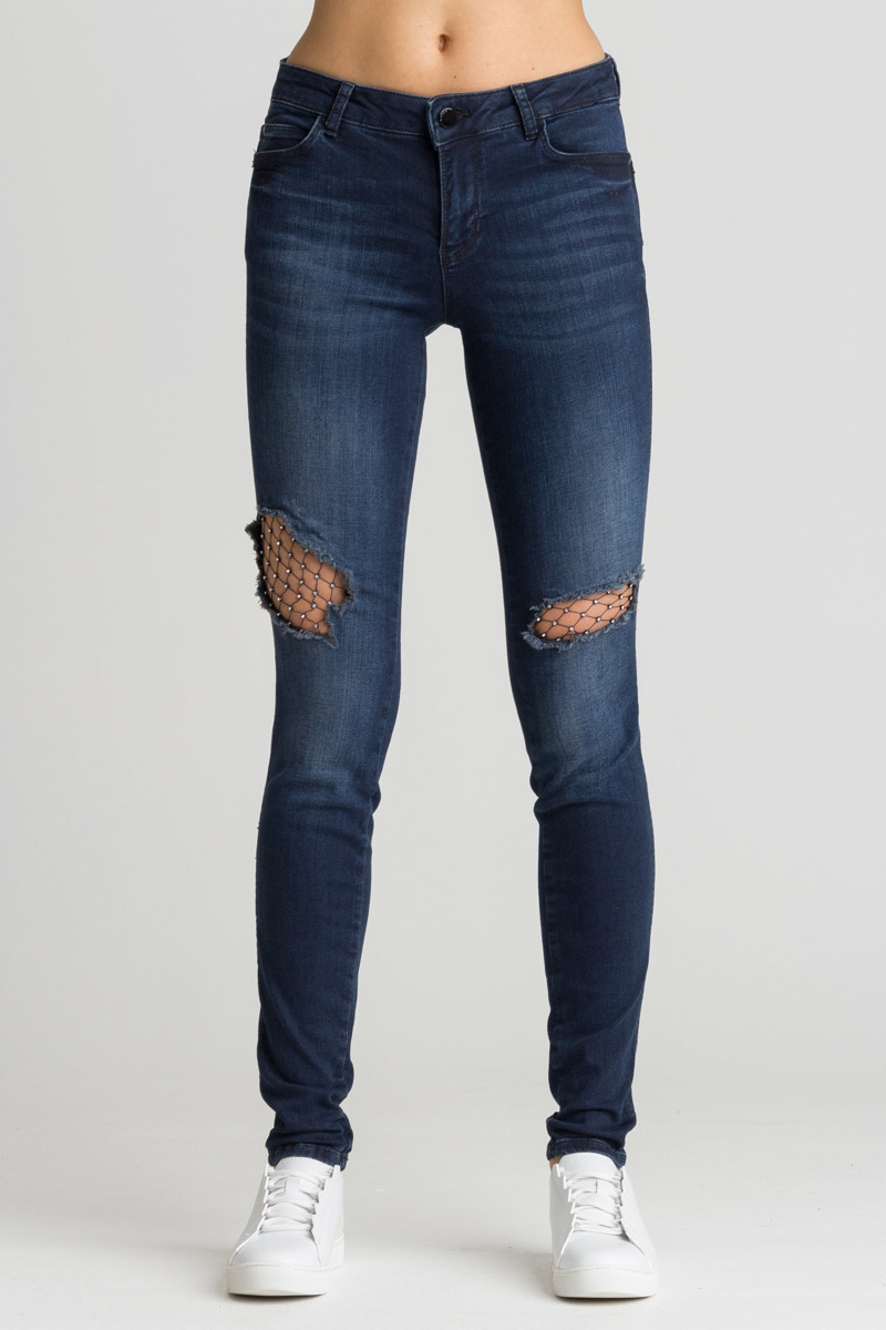 Granatowe jeansy z ozdobną siatką Curve X 