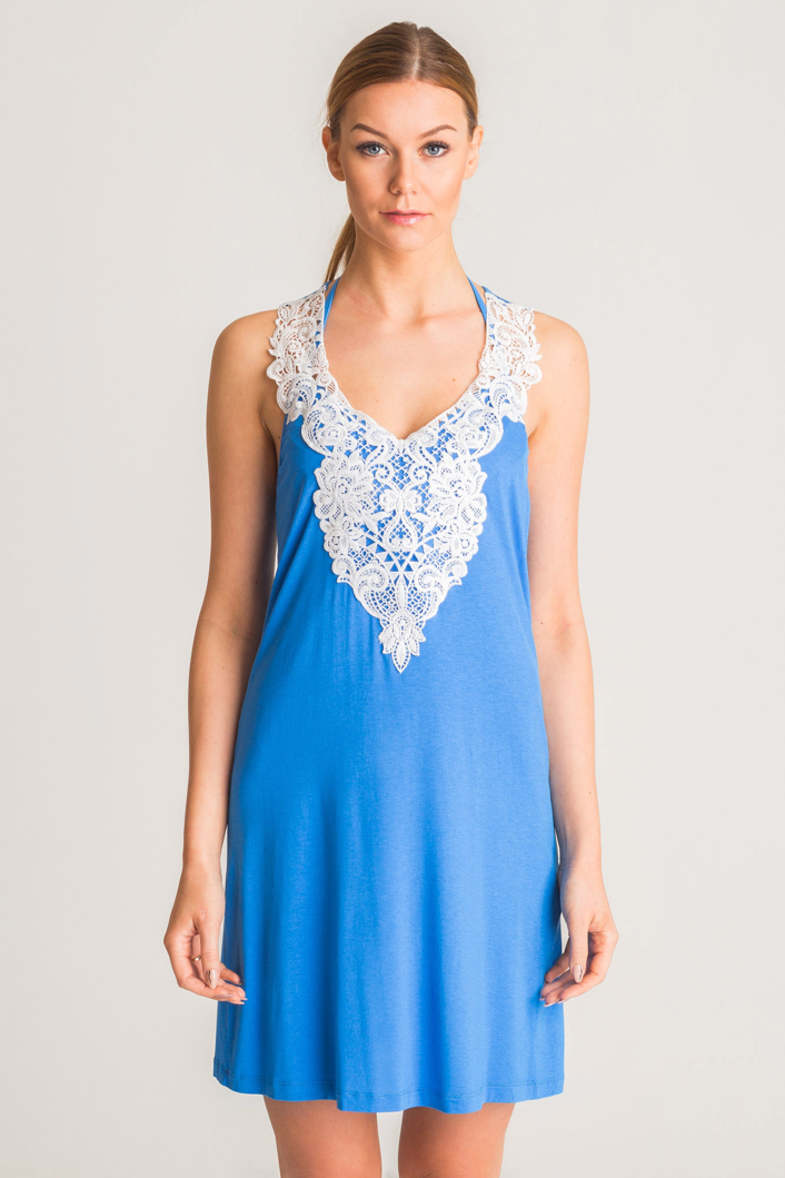 Niebieska sukienka Twinset U&B z białą koronką 