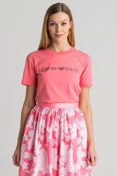 Koralowy t-shirt damski z czarnym nadrukiem 